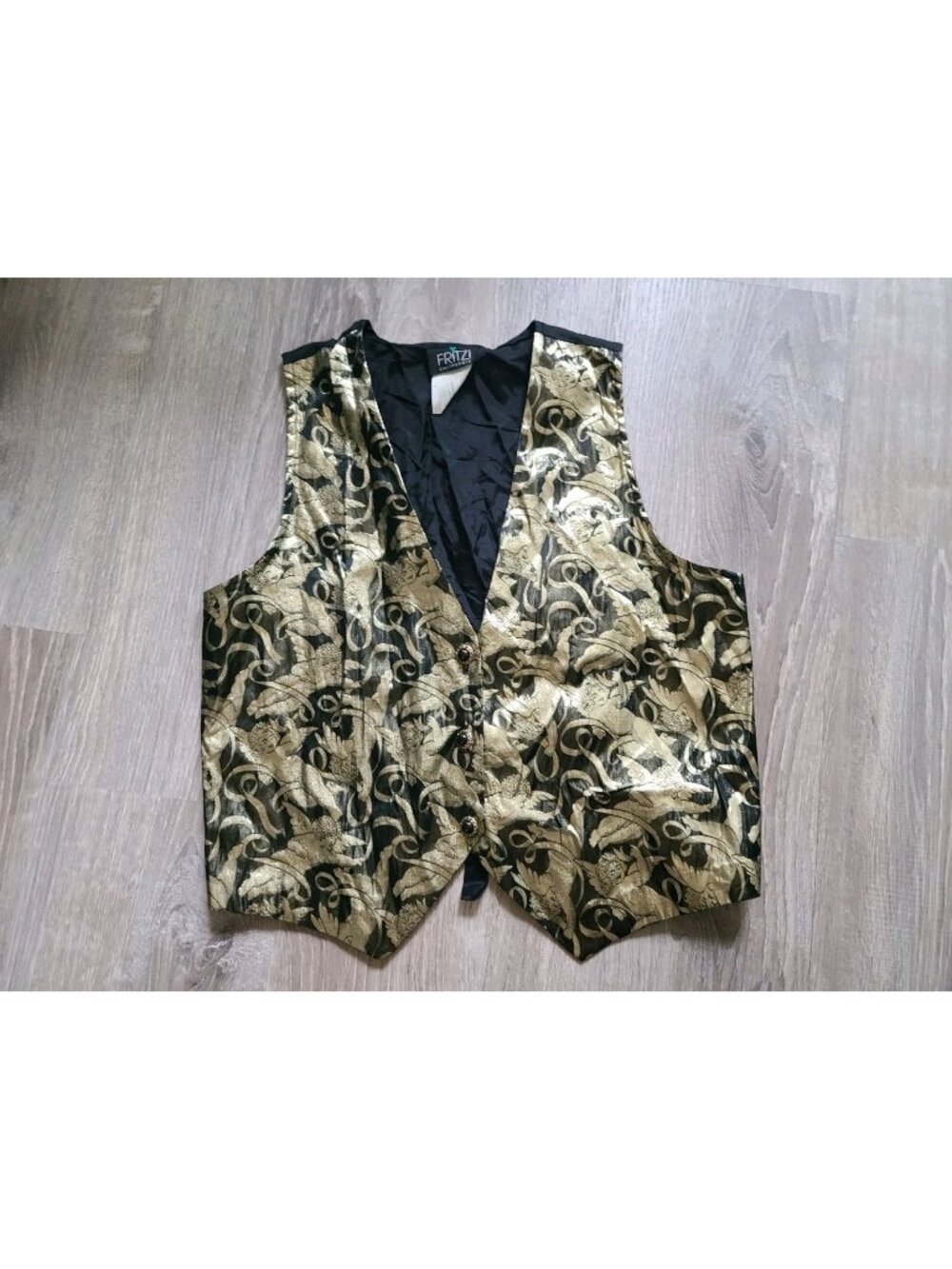 VTG Fritzi California Womens M Gold Metallic Vest Cherub Angel Ribbons Button Up